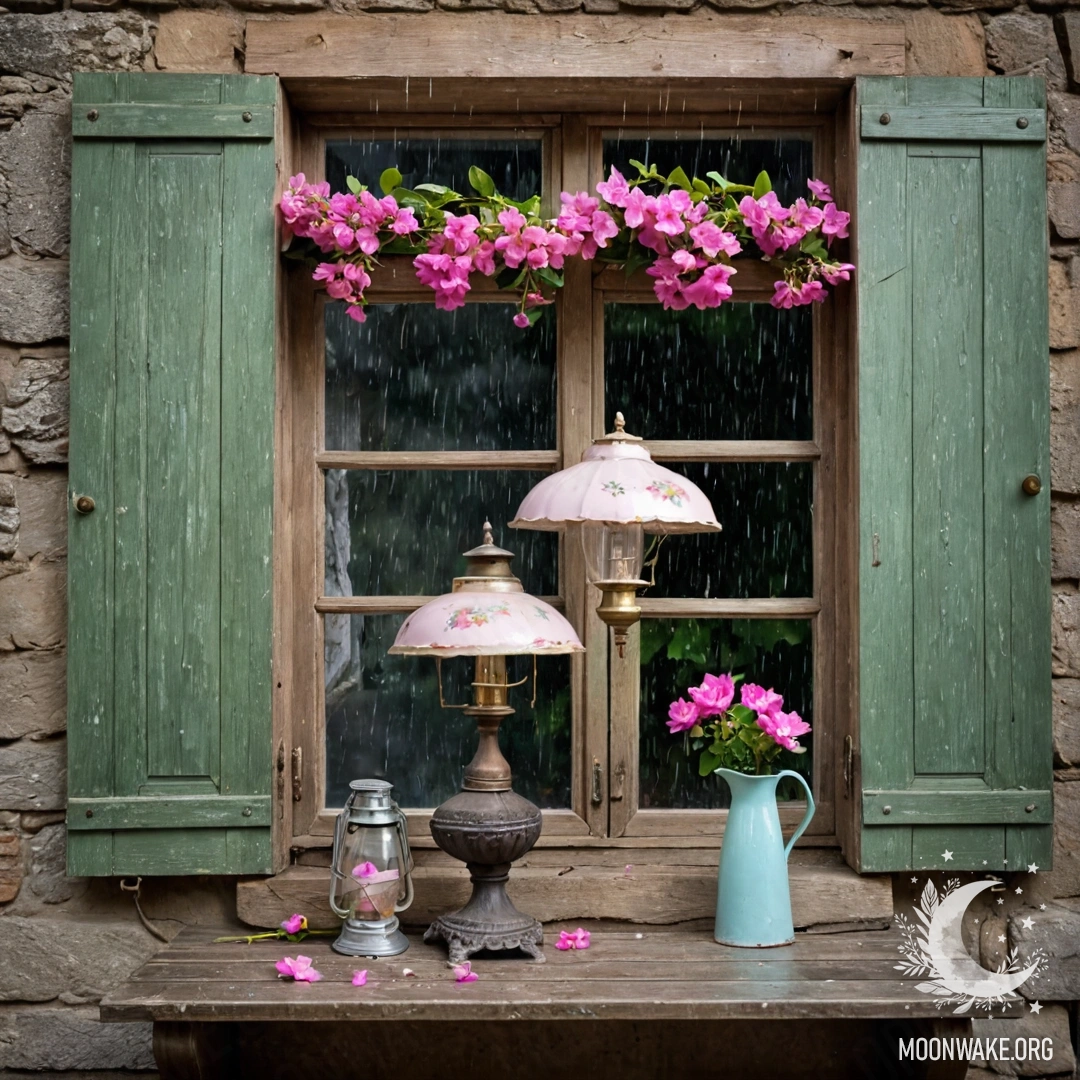 A stack of vintage books with a bouquet of roses on top, surrounded by heavy fog in a garden.