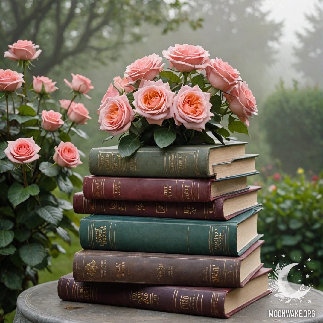 Vintage Books in a Garden Mist A stack of vintage books in a garden surrounded by heavy fog with a bouquet of roses resting on top.