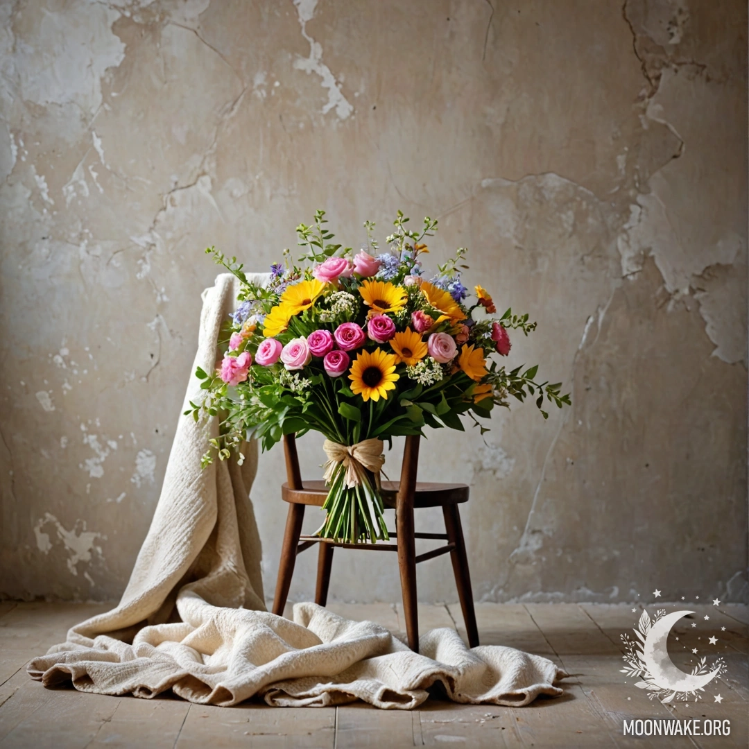 Vintage Books in a Misty Garden A stack of vintage books with a bouquet of roses on top in a foggy garden.