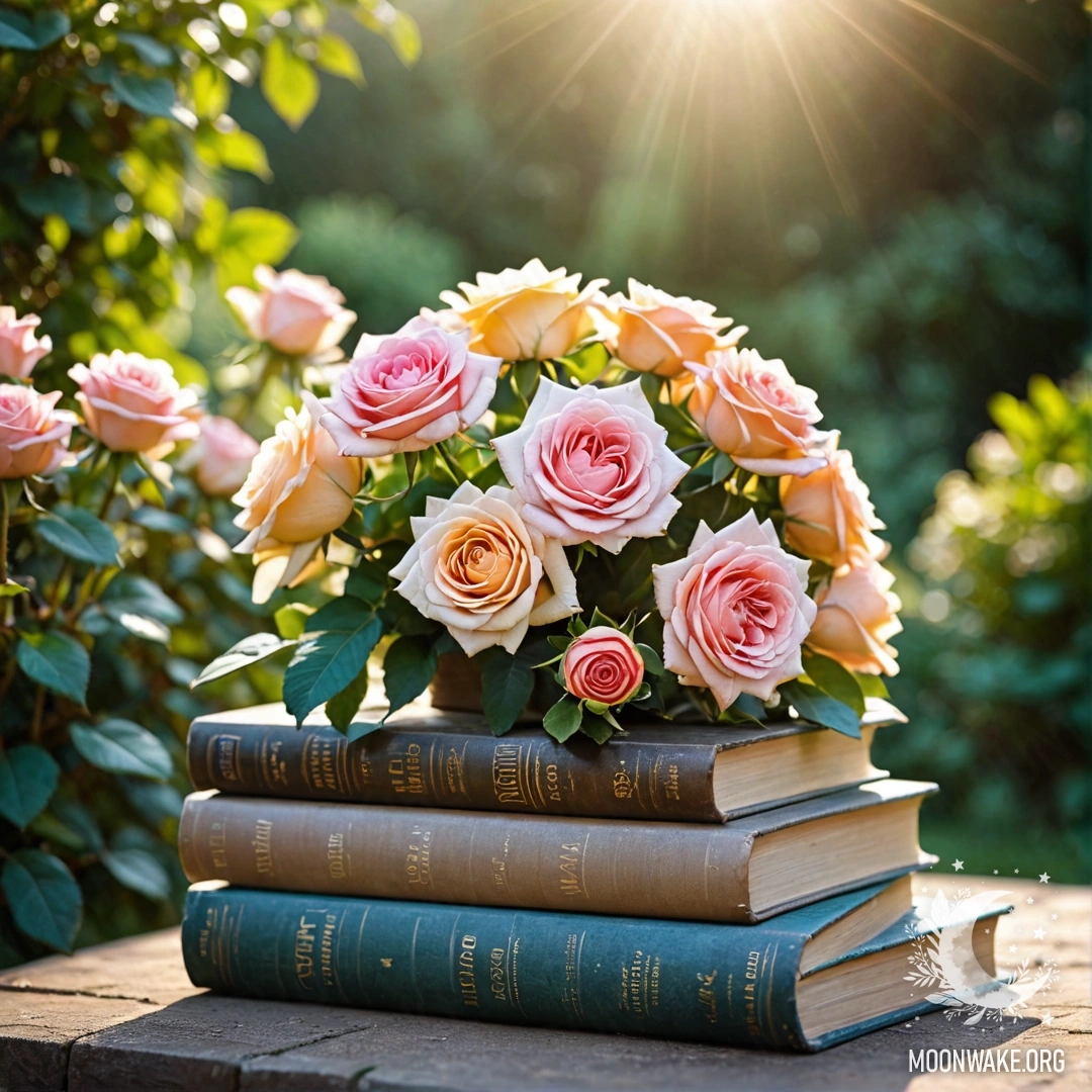 Vintage Books and Roses in the Garden A stack of vintage books in a garden topped with a bouquet of roses under sun rays.