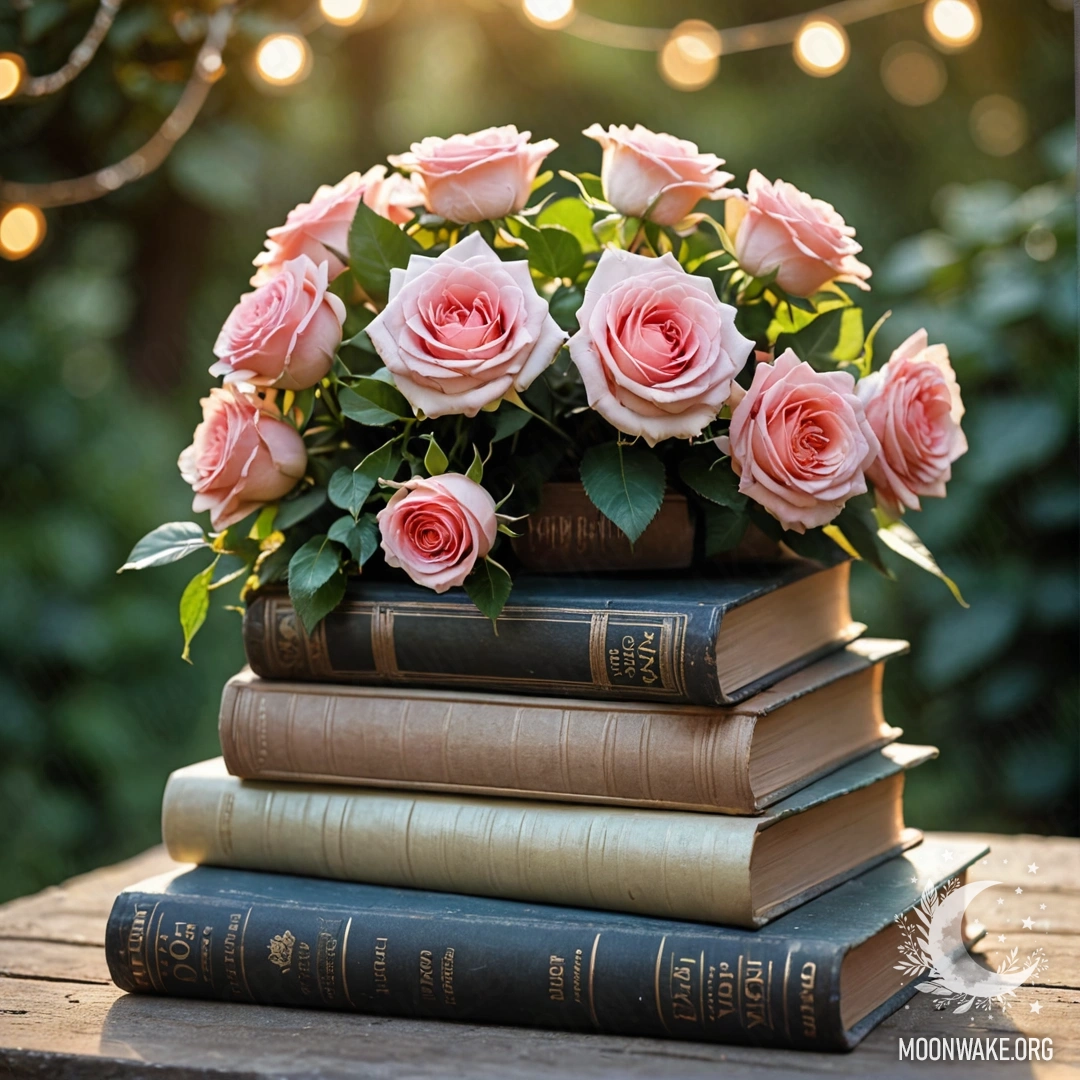 A stack of vintage books adorned with a bouquet of roses, surrounded by garden greenery.