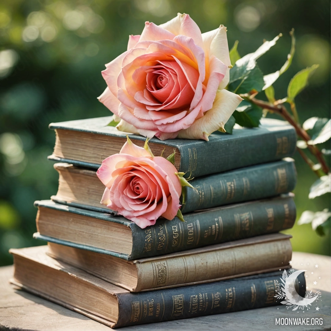 Vintage Books and Roses in a Garden A stack of vintage books surrounded by garden greenery, topped with a bouquet of roses.