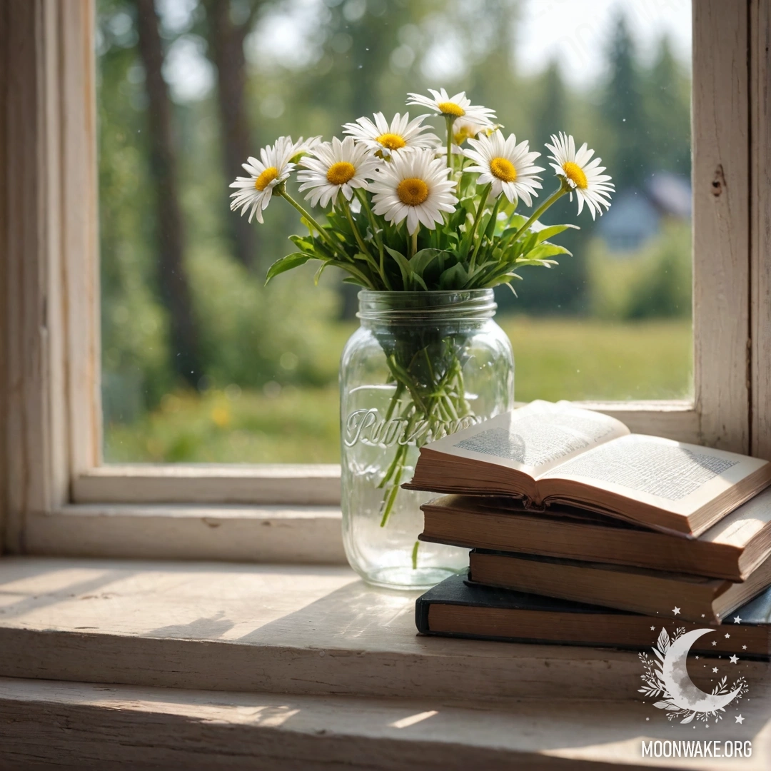 A stack of vintage books lies in the garden with a bouquet of roses on top, adorned with garland lights.
