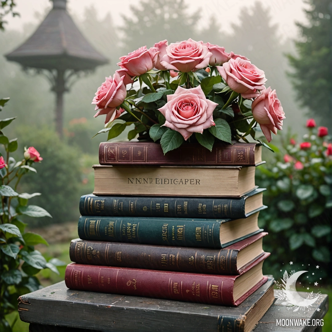 Vintage Books and Roses in Misty Garden A stack of vintage books with a bouquet of roses on top, surrounded by a dense fog in a garden.