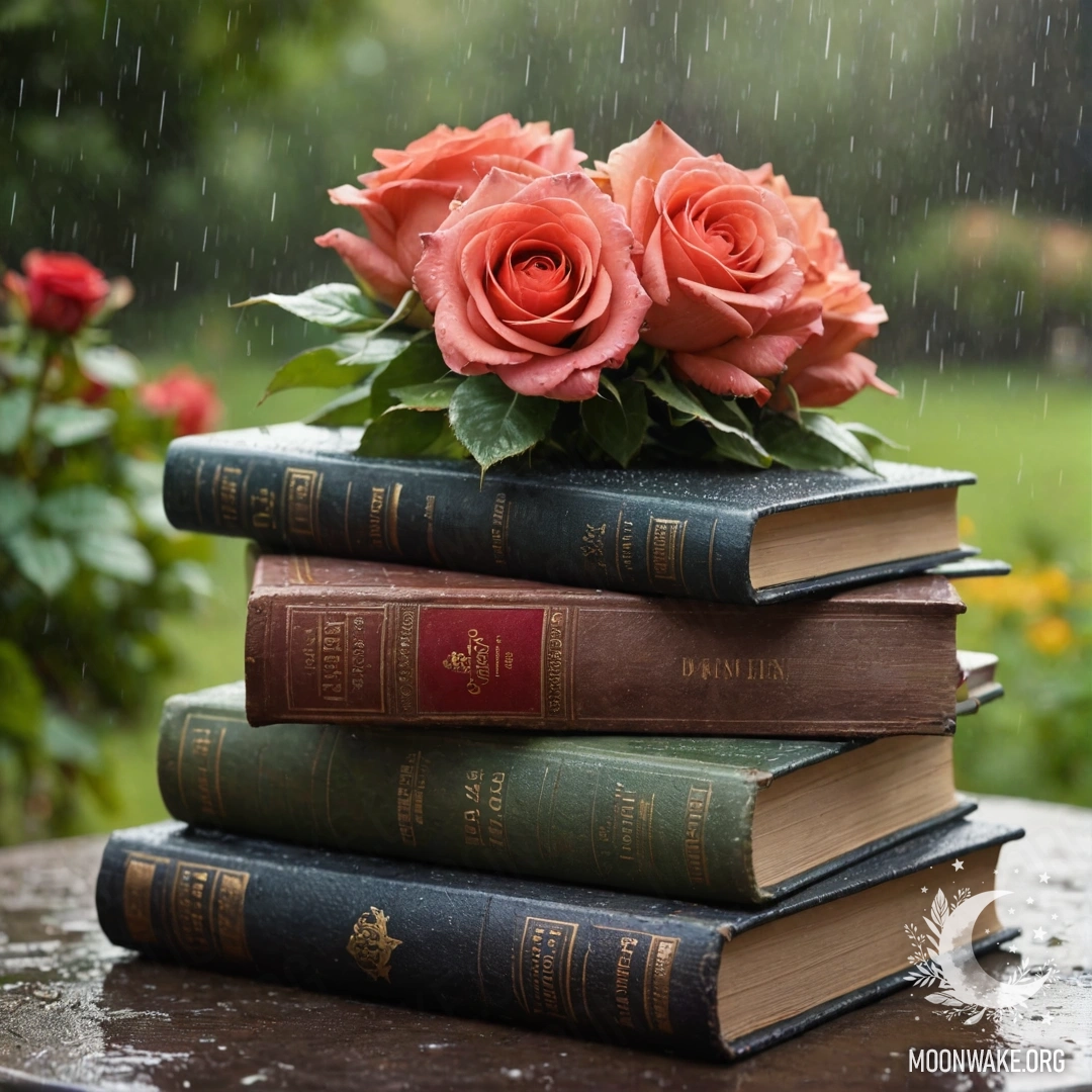 A stack of vintage books with a bouquet of roses on top in the garden under the rain.