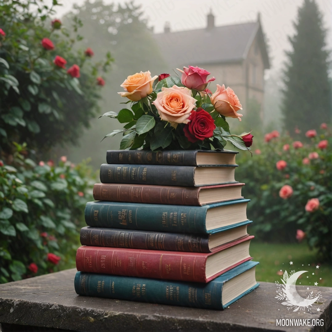 Vintage Books and Roses in the Mist A stack of vintage books lies on the ground in a garden, topped with a bouquet of roses, surrounded by dense fog.