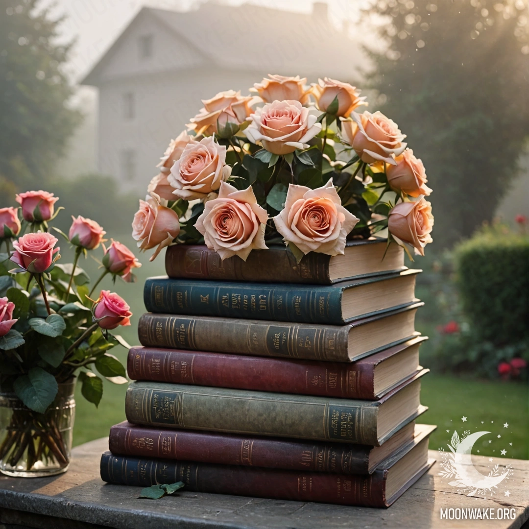 A stack of vintage books lies in a garden, topped with a bouquet of roses, enveloped in dense fog.