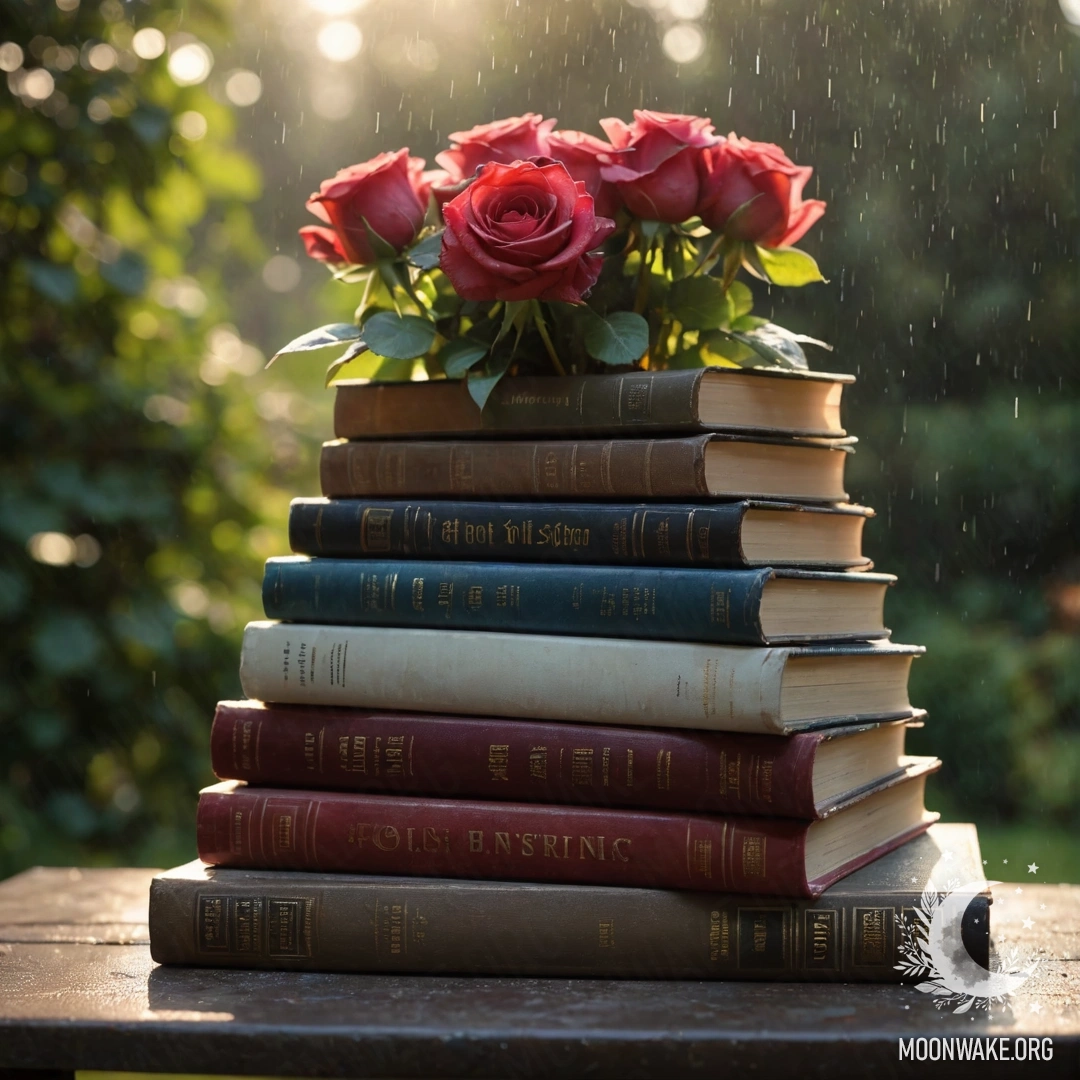 A stack of vintage books in a garden with a bouquet of roses on top under the rain.