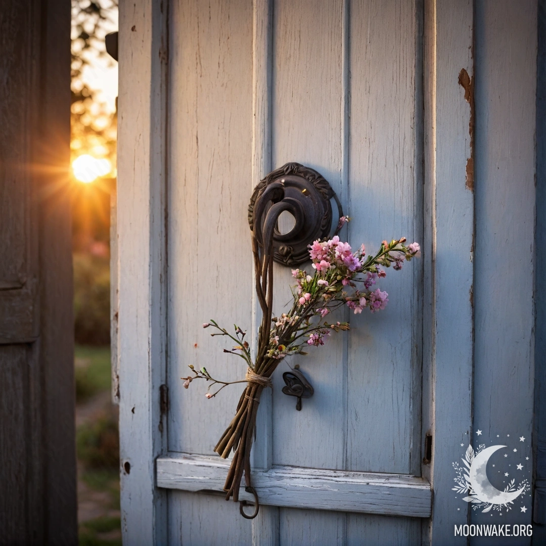 A stack of vintage books in a garden with a bouquet of roses on top during sunset.