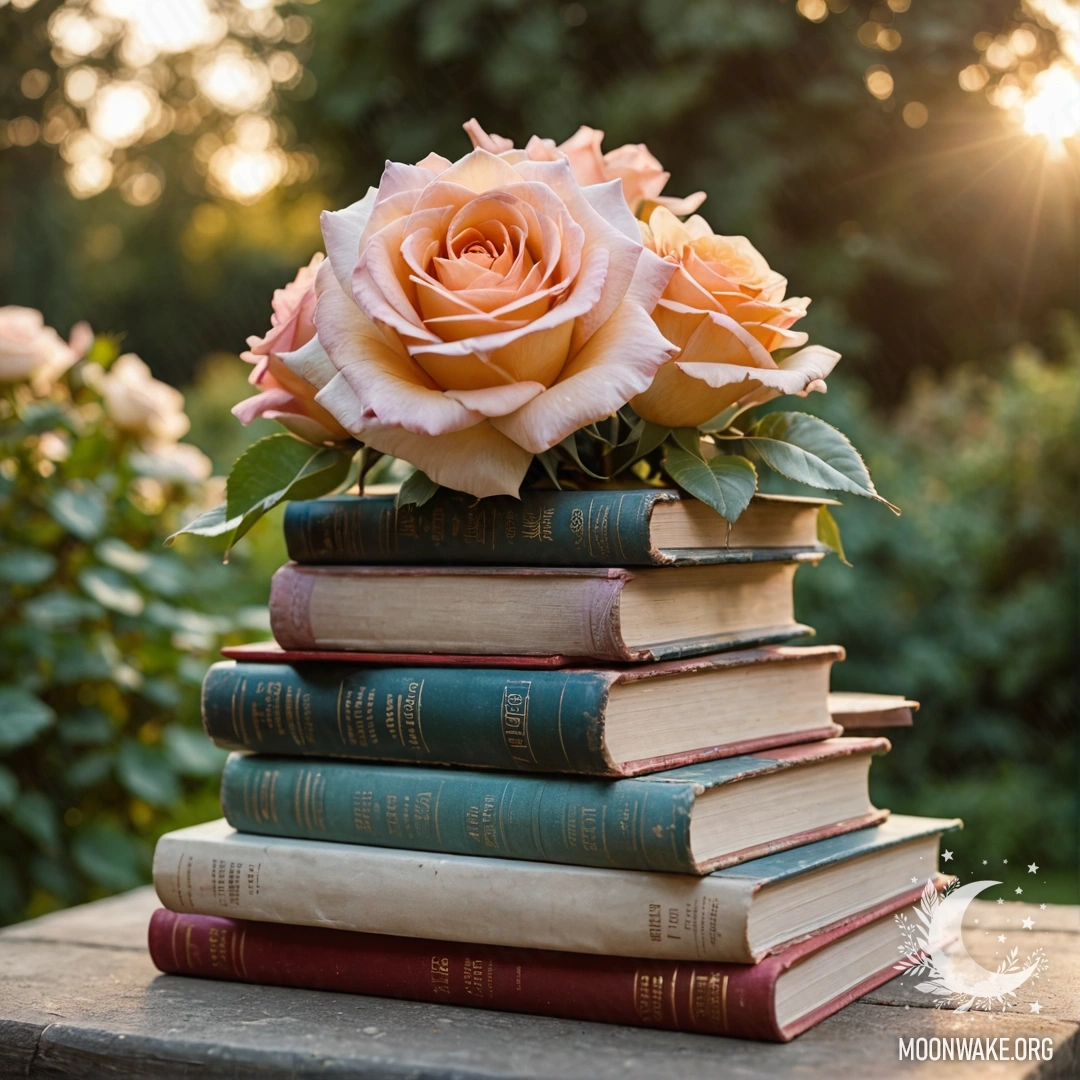 A stack of vintage books with a bouquet of roses on top, nestled in a garden during sunset.