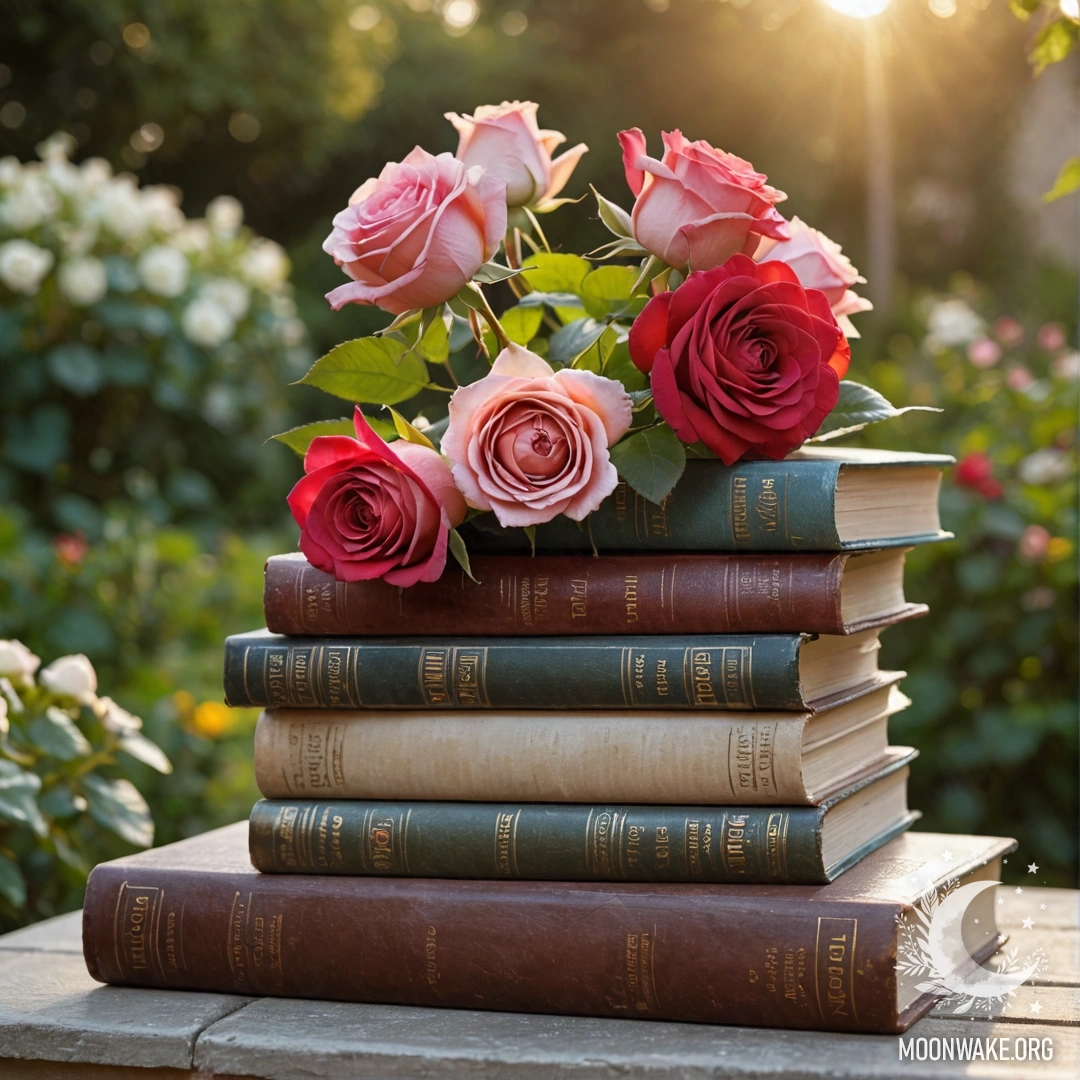 A stack of vintage books with a bouquet of roses on top, set in a garden during sunset.