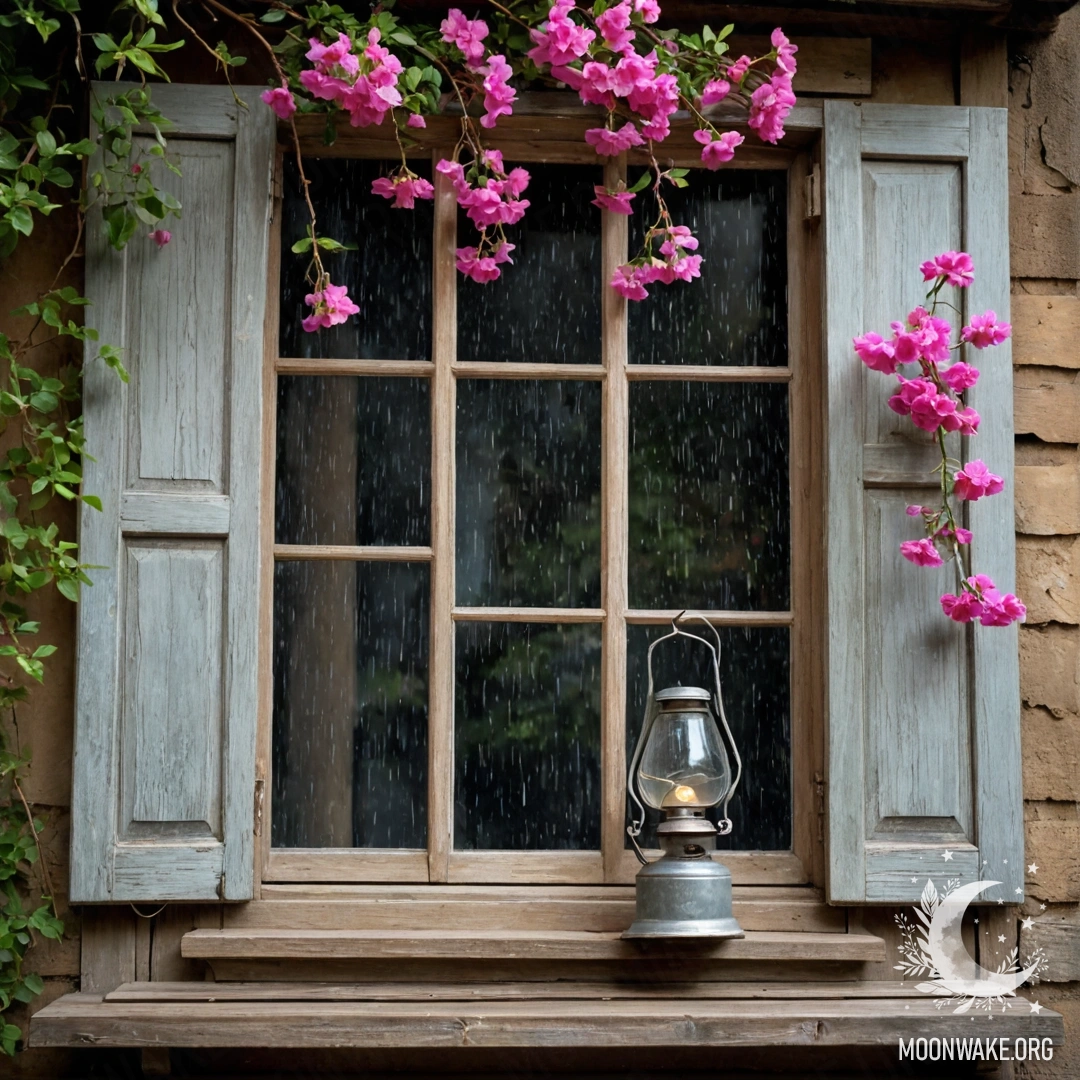 A stack of vintage books in a garden adorned with a bouquet of roses and fairy lights.