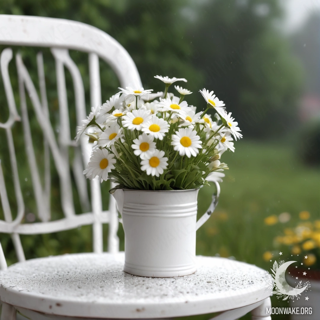 Vintage Chair with Coffee and Daisies A close-up of a shabby vintage chair adorned with white fabric, accompanied by a cup of coffee and a milk bucket filled with daisies, all under rain.