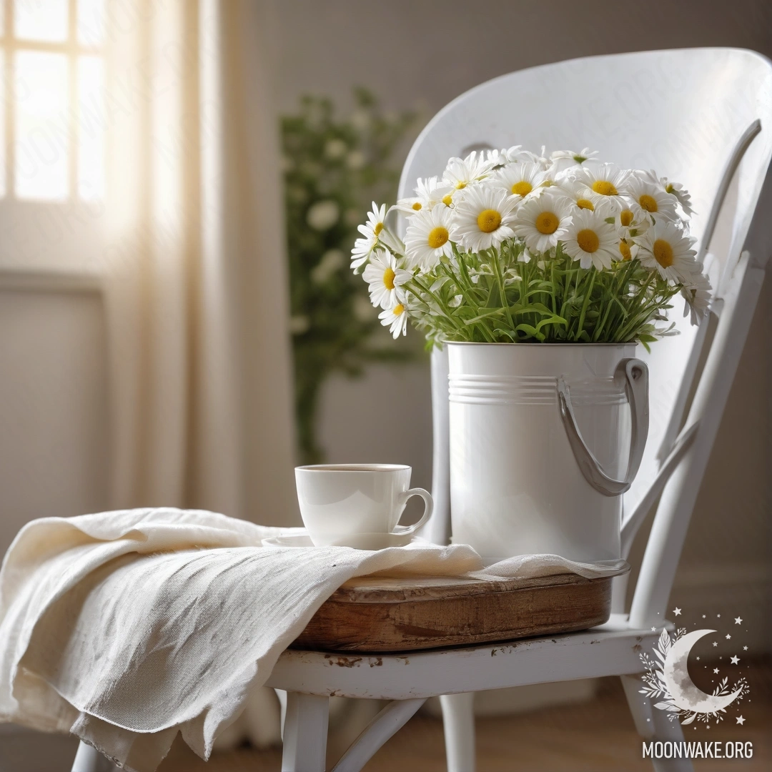 Vintage Chair with Coffee and Daisies A close-up of a shabby vintage chair adorned with white fabric, a cup of coffee, and a milk bucket filled with daisies, illuminated by soft sun rays.