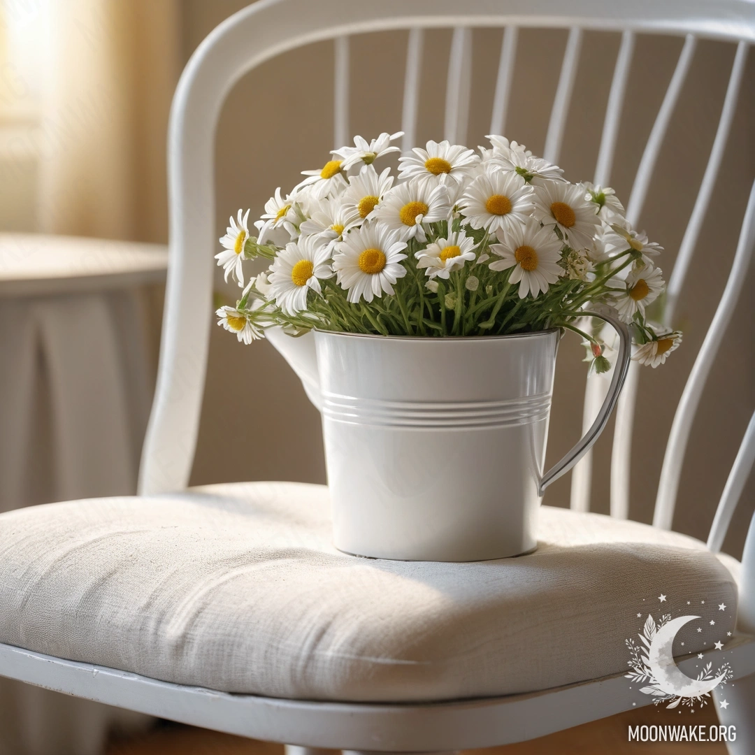 Vintage Charm and Sunlit Serenity A close-up of a shabby vintage chair adorned with a white translucent fabric, a cup of coffee, and a milk bucket filled with daisies, illuminated by sun rays.