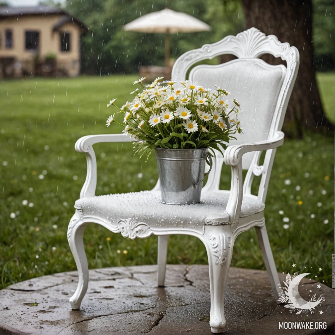 A beautiful shabby vintage chair with translucent fabric, a cup of coffee on it, and a milk bucket with daisies under the rain.