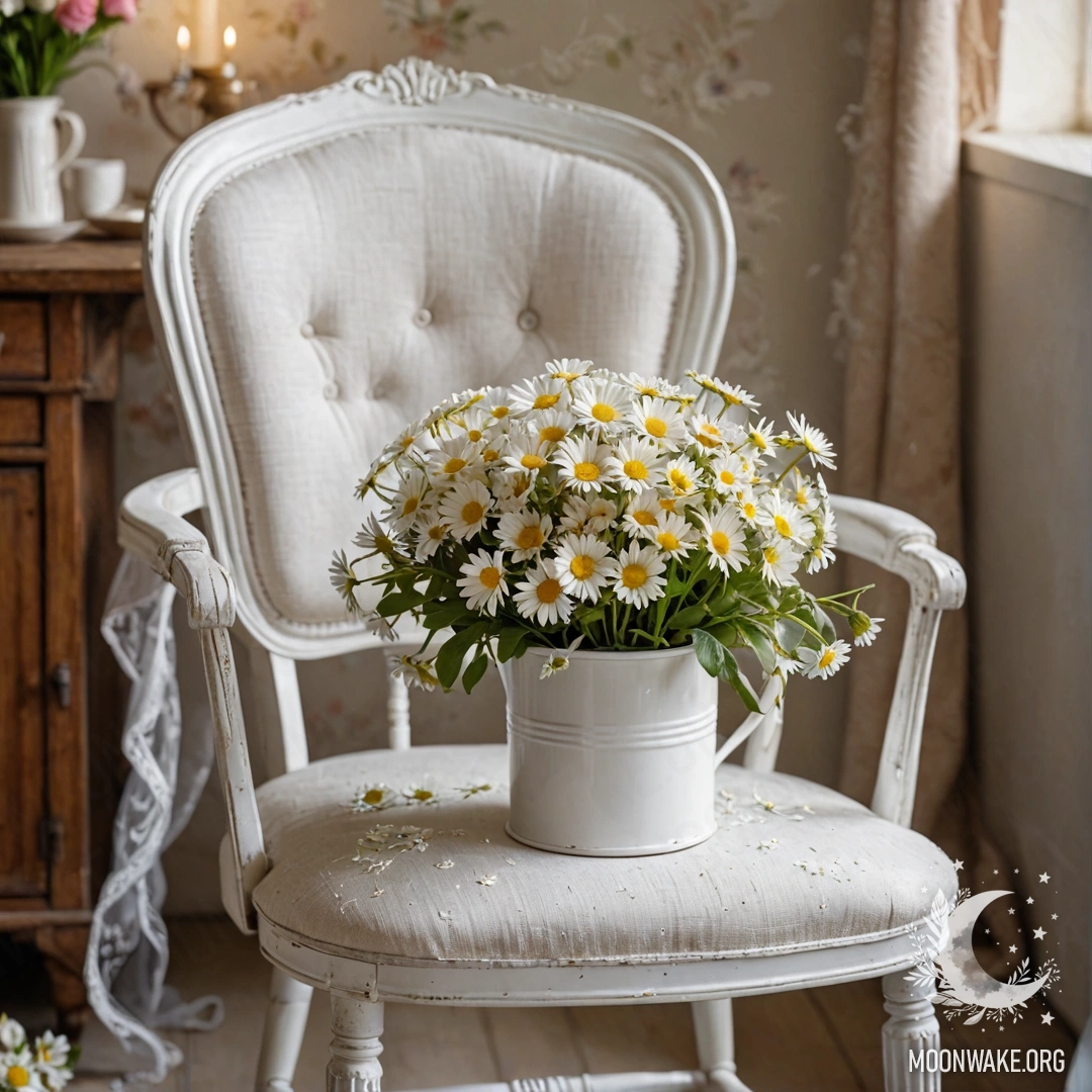 A close-up of a shabby vintage chair with white fabric, a coffee cup, and a milk bucket with daisies.