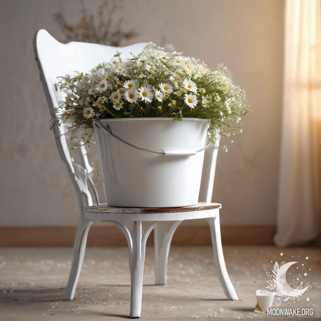 A close-up of an abstract shabby vintage chair draped with white fabric, a cup of coffee placed on it, next to a white milk bucket filled with daisies and fairy lights.