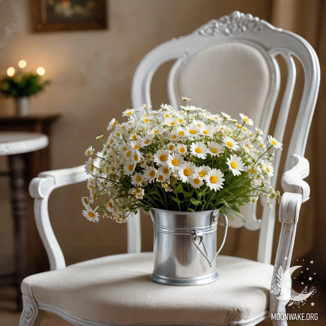 Vintage Chair with Coffee and Daisies Close-up of a shabby vintage chair adorned with white fabric, featuring a cup of coffee and a white milk bucket filled with daisies and garland lights.