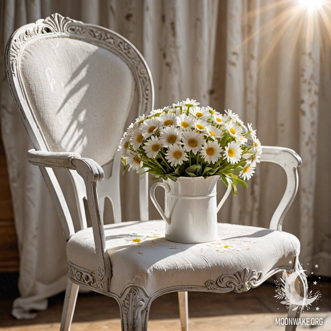 Close-up of a vintage chair with white fabric, coffee cup, and daisies in a bucket with sunlight.