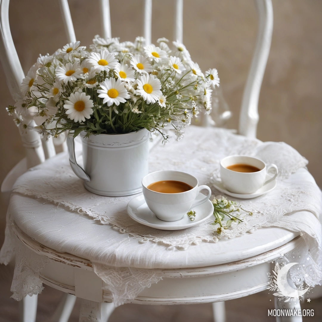Vintage Chair with Coffee and Daisies A close-up of a vintage chair draped with translucent white fabric, accompanied by a cup of coffee and a white milk bucket filled with daisies.