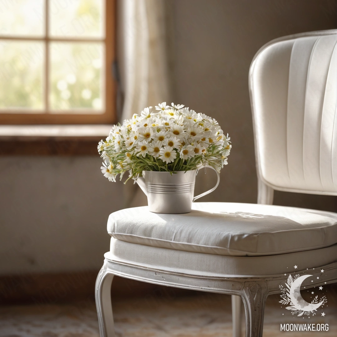 Vintage Chair with Coffee and Daisies A close-up of an abstract shabby vintage chair with white fabric, a cup of coffee, and a milk bucket with daisies, illuminated by sun rays.