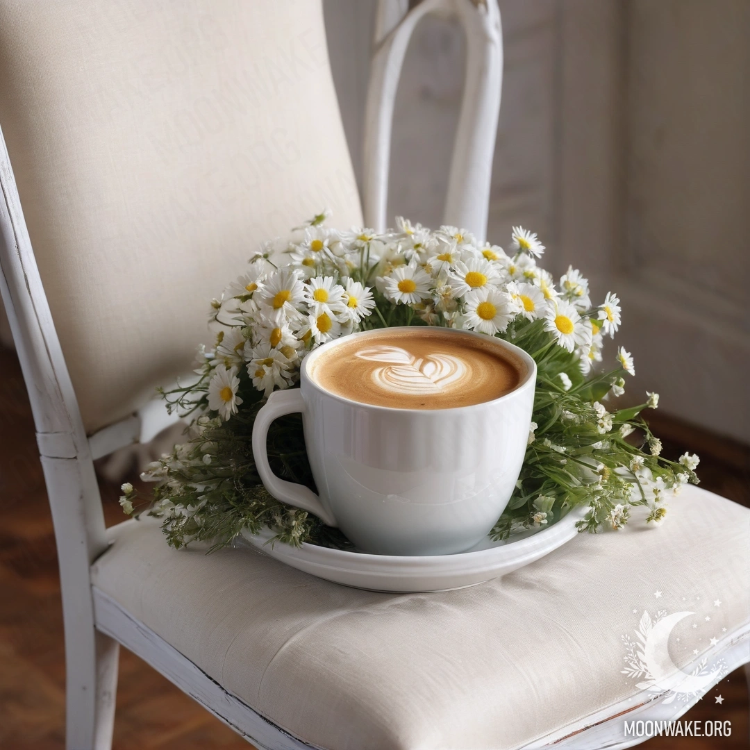 A close-up of a shabby vintage chair draped with a white fabric, a cup of coffee and a milk bucket filled with daisies adorned with garland lights.