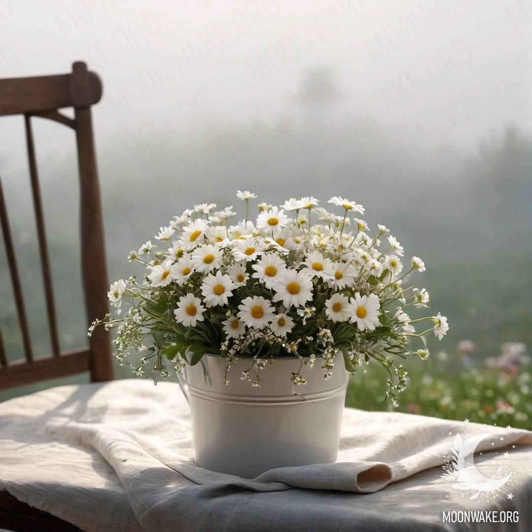 Vintage Chair with Coffee and Daisies in Fog Close-up of a vintage chair draped with white translucent fabric, a cup of coffee, and a milk bucket filled with daisies in a dense mist.