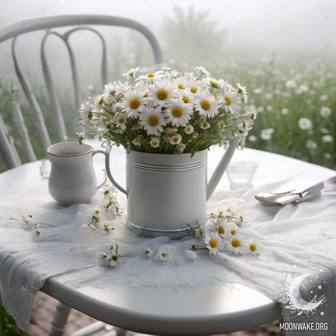 A vintage shabby chair covered with white translucent fabric, a cup of coffee resting on it, and a milk bucket filled with daisies, all enveloped in dense fog.