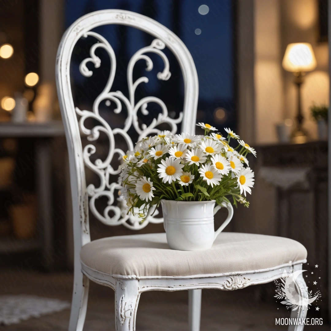 A close-up of a shabby vintage chair with a translucent fabric, a cup of coffee, and a milk bucket filled with daisies at night.