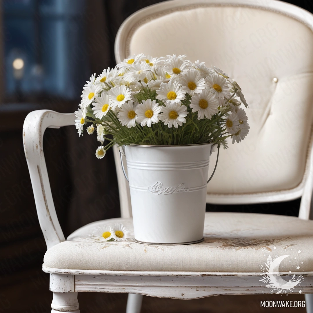 Close-up of a shabby vintage chair draped with white fabric, a cup of coffee, and a milk bucket with daisies, captured at night.