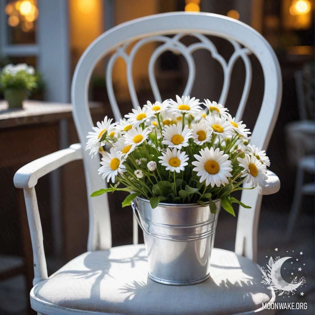 A close-up of a shabby vintage chair adorned with white fabric, accompanied by a coffee cup and a milk bucket filled with daisies, captured at night.