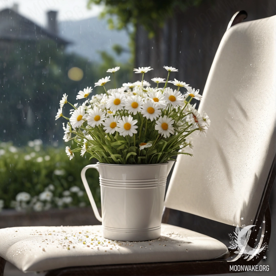 Vintage Chair with Coffee and Daisies in Rain Close-up of a vintage chair with translucent fabric, a coffee cup, and a milk bucket with daisies, set in the rain.