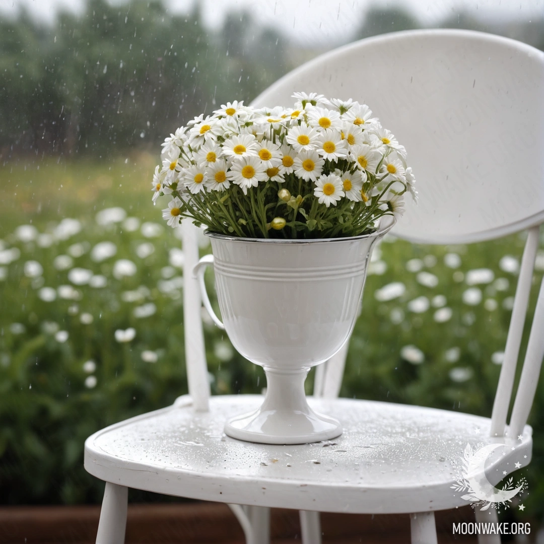 Vintage Chair with Coffee and Daisies Under the Rain Close-up of a vintage chair draped with translucent fabric, a coffee cup and a white bucket with daisies, all under gentle rain.