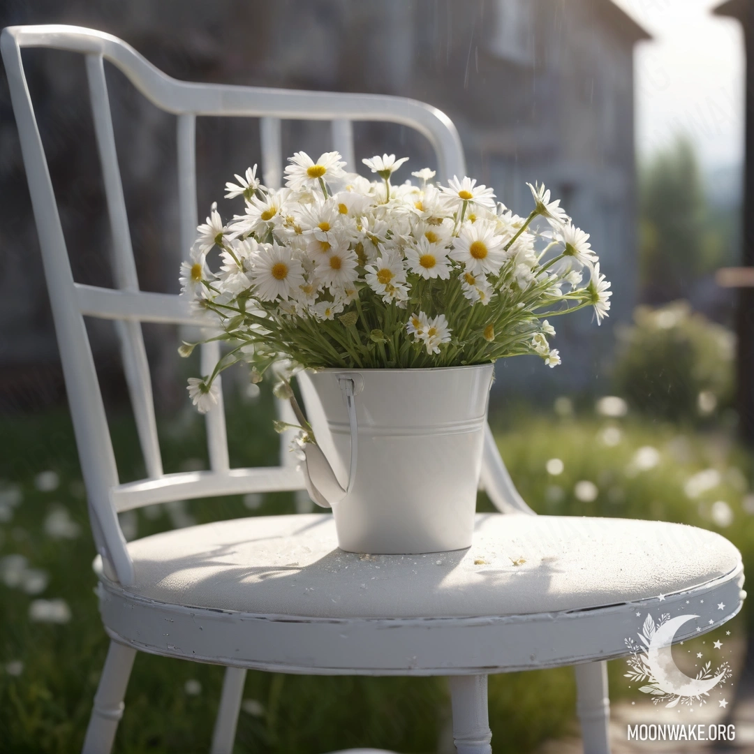 Vintage Chair with Coffee and Daisies in the Rain A close-up of a shabby vintage chair adorned with white fabric, accompanied by a cup of coffee and a milk bucket filled with daisies, set against a rainy backdrop.