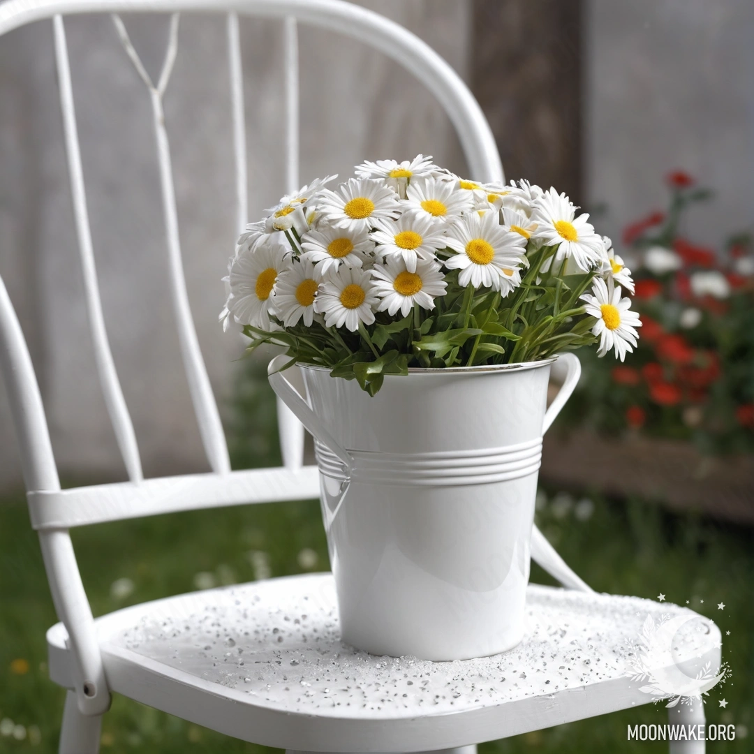 Vintage Chair with Coffee and Daisies in Rain A close-up of a shabby vintage chair with a translucent fabric, a cup of coffee, and a milk bucket filled with daisies, amidst gentle rain.