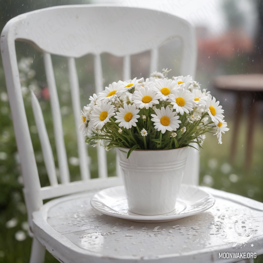 A vintage shabby chair with a cup of coffee and a milk bucket filled with daisies, showing serene rain.