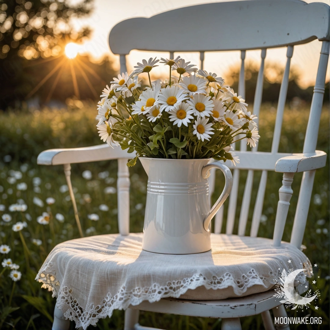 A vintage chair covered with white translucent fabric, a cup of coffee sits on it, and a bucket of daisies is placed beside it during sunset.