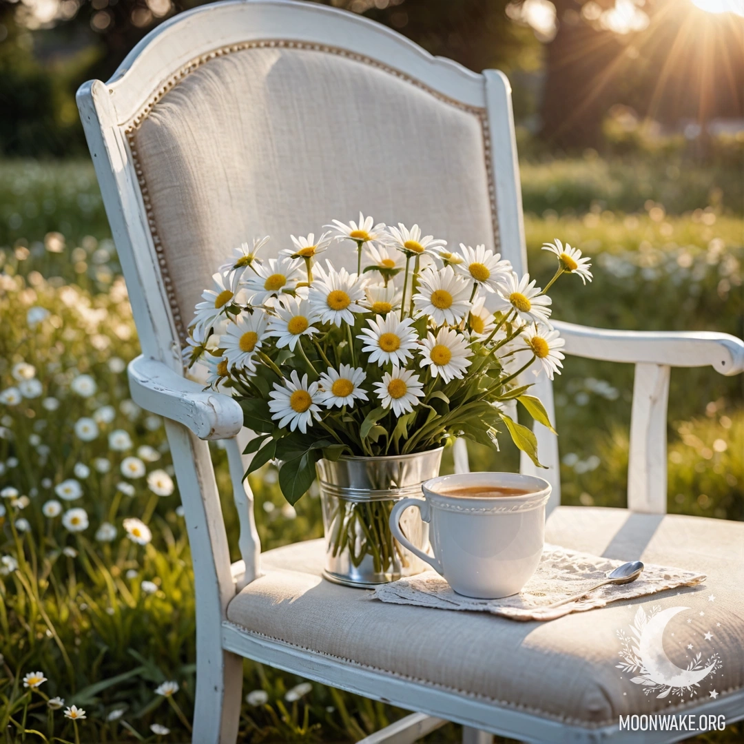 Close-up of a shabby vintage chair with white fabric and a coffee cup beside a bucket of daisies at sunset.