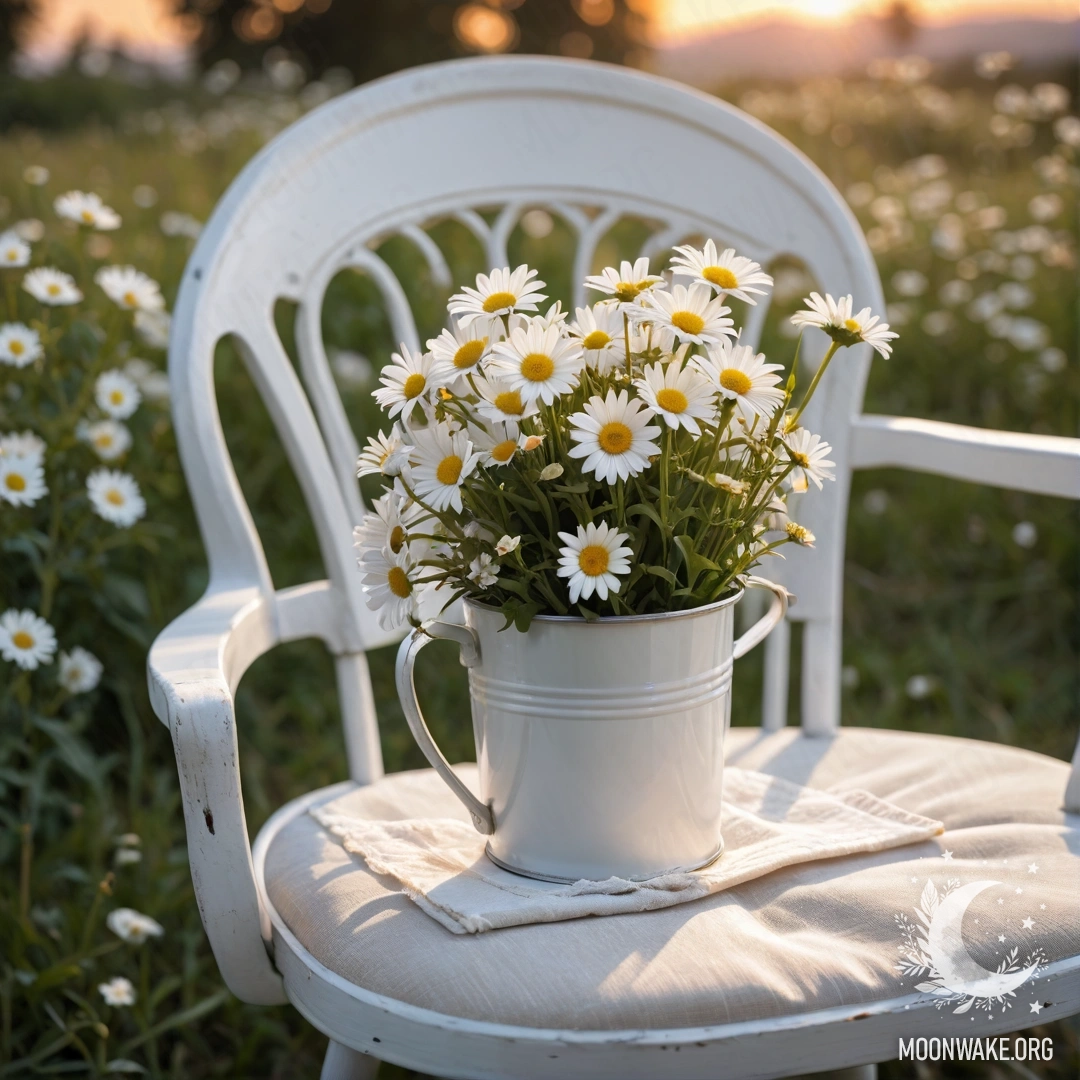 Vintage Charm with Coffee and Daisies A close-up of a vintage chair adorned with white fabric, a cup of coffee, and a white milk bucket filled with daisies, set against a sunset.