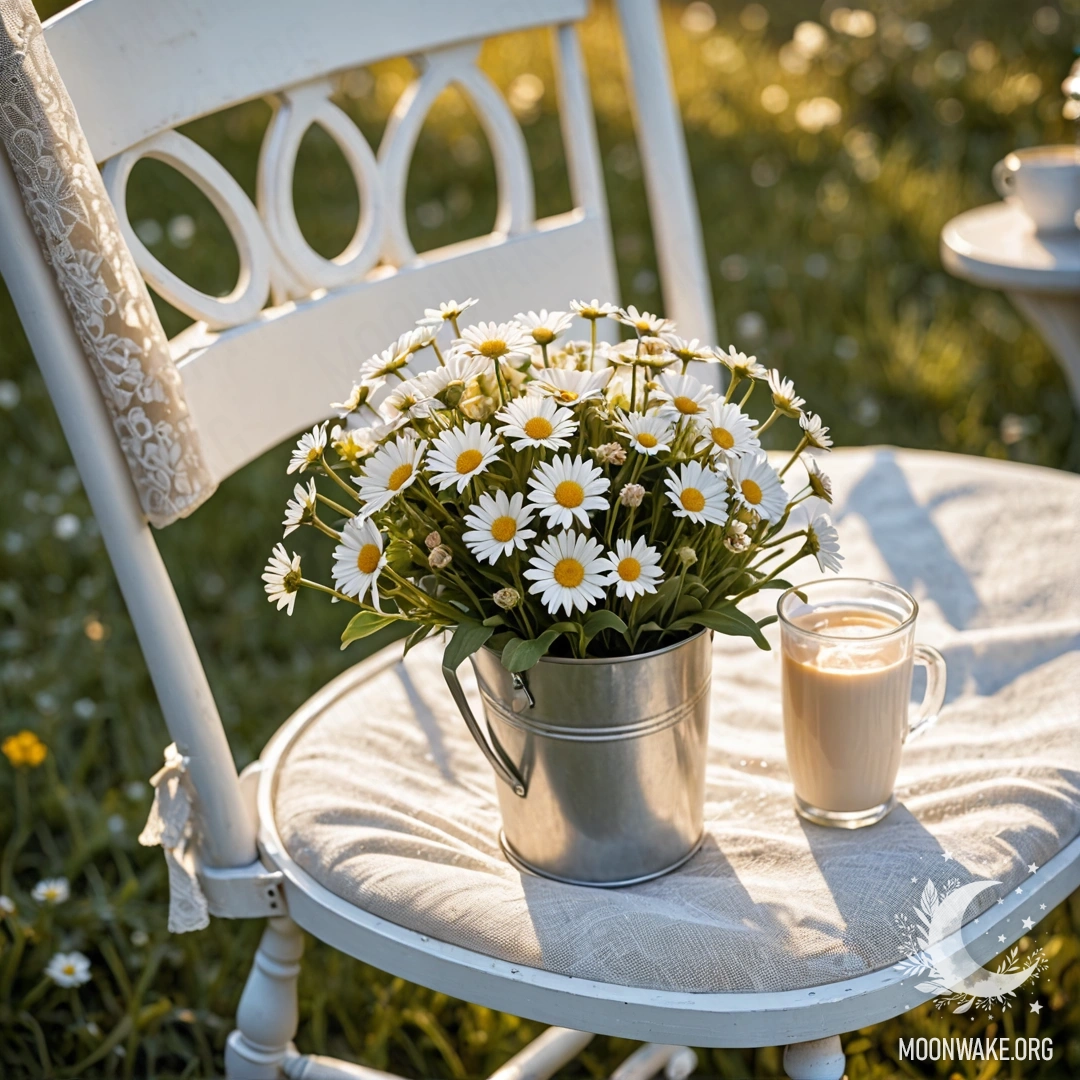 Vintage Chair with Coffee and Daisies at Sunset A close-up of a vintage chair adorned with white fabric, a cup of coffee, and a milk bucket filled with daisies, illuminated by a sunset.
