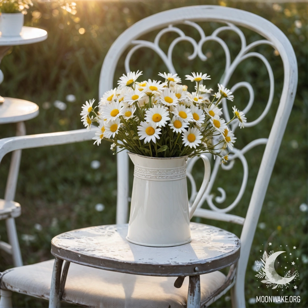 A close-up of a shabby vintage chair with white fabric, a cup of coffee, and a milk bucket filled with daisies during sunset.