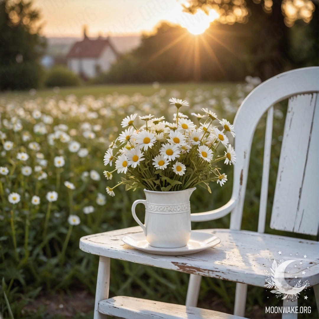 Vintage Chair with Coffee and Daisies at Sunset A close-up of a shabby vintage chair with translucent fabric, a cup of coffee on it, and a white milk bucket with a bouquet of daisies during sunset.