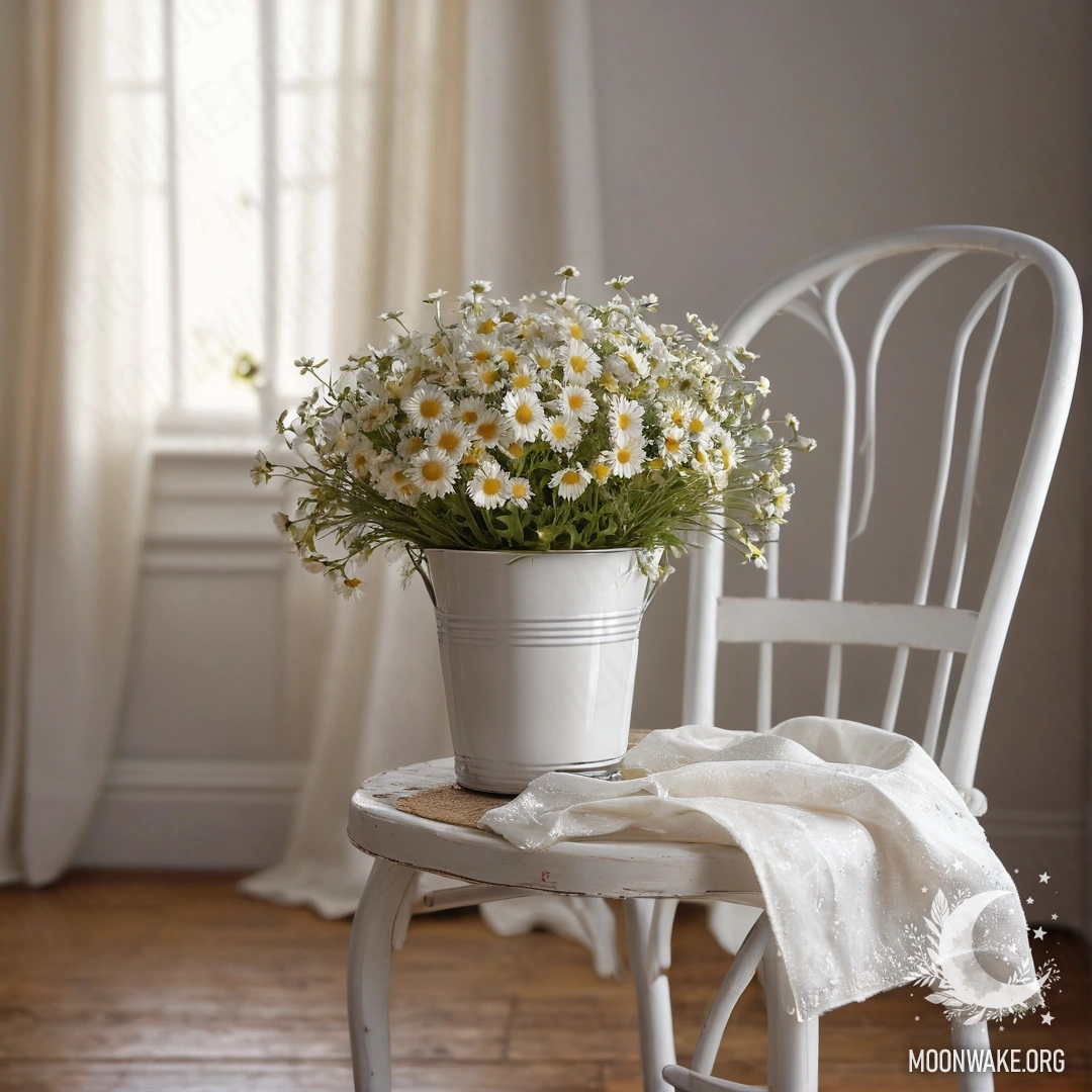 Vintage Chair with Coffee and Daisies A close-up of a vintage shabby chair adorned with a white fabric, a cup of coffee and a milk bucket holding daisies, illuminated by garland lights.