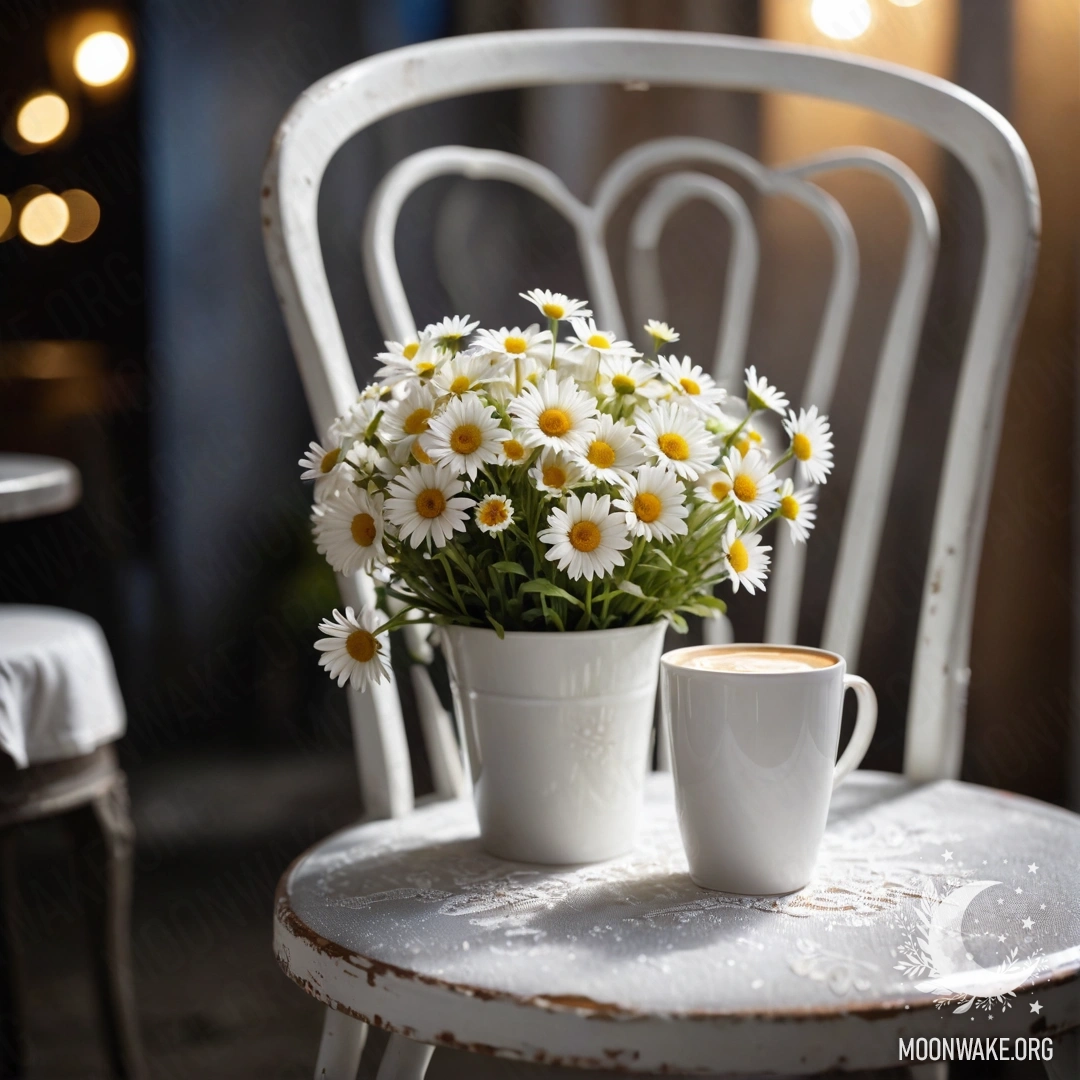 A close-up of a shabby vintage chair adorned with white translucent fabric, a cup of coffee sits beside a milk bucket filled with daisies, captured at night.