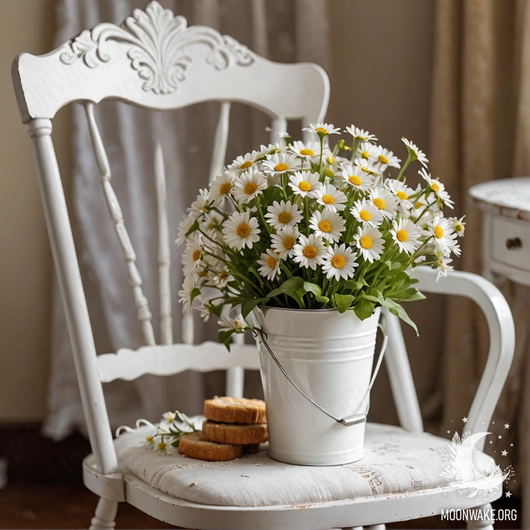 Vintage Chair with Daisies and Coffee Close-up of a vintage chair with a white fabric, coffee cup, and a bouquet of daisies.