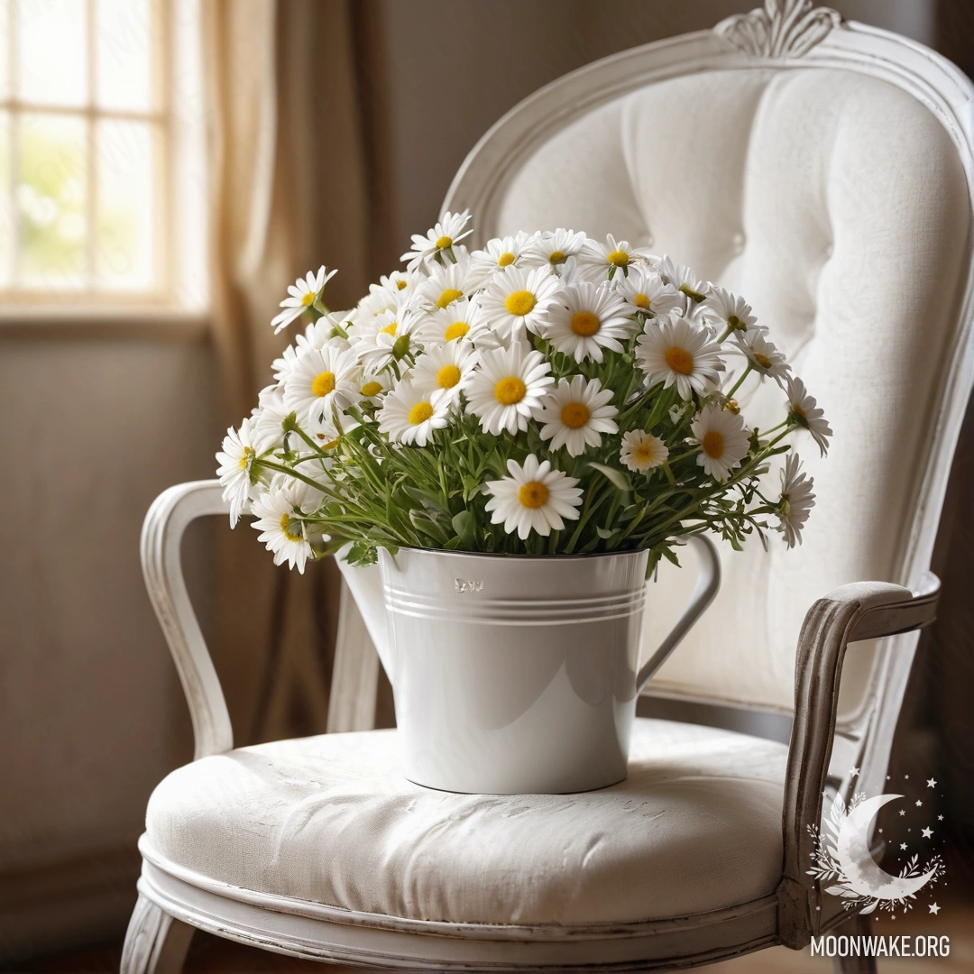 A vintage shabby chair draped with translucent fabric, a cup of coffee, and a bucket of daisies illuminated by sunlight.