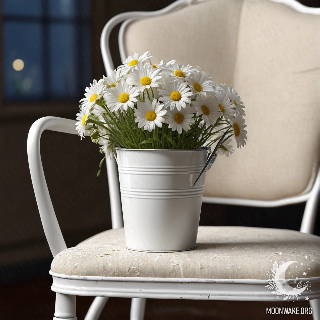 A close-up of a shabby vintage chair with white fabric, a coffee cup, and a milk bucket with daisies, all set at night.