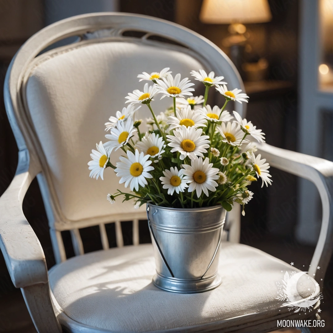 Close-up of an abstract shabby vintage chair with translucent fabric, a cup of coffee, and a milk bucket with daisies at night.