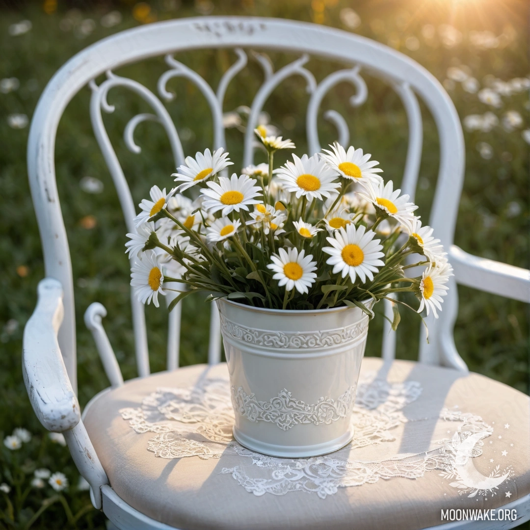 Vintage Chair with Daisies and Coffee A close-up of a vintage chair featuring a white translucent fabric, a cup of coffee, and a milk bucket filled with daisies during sunset.